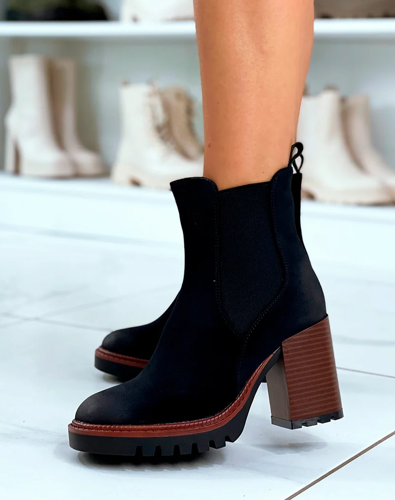 Bottines Chelsea noires en suédine à talon - Élégance intemporelle pour chaque femme