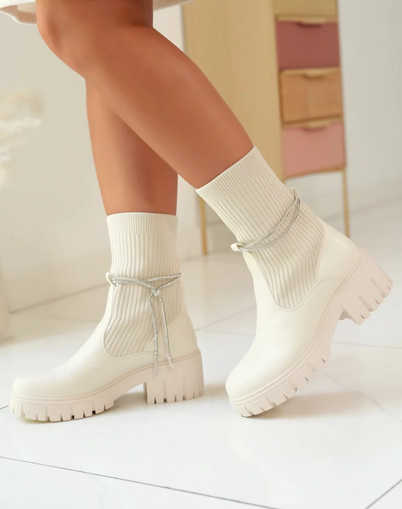 Élégantes Bottines Beiges Femme à Effet Chaussette et Strass