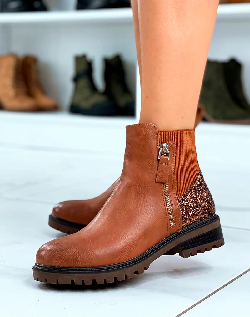 Bottines femme camel avec détail paillette