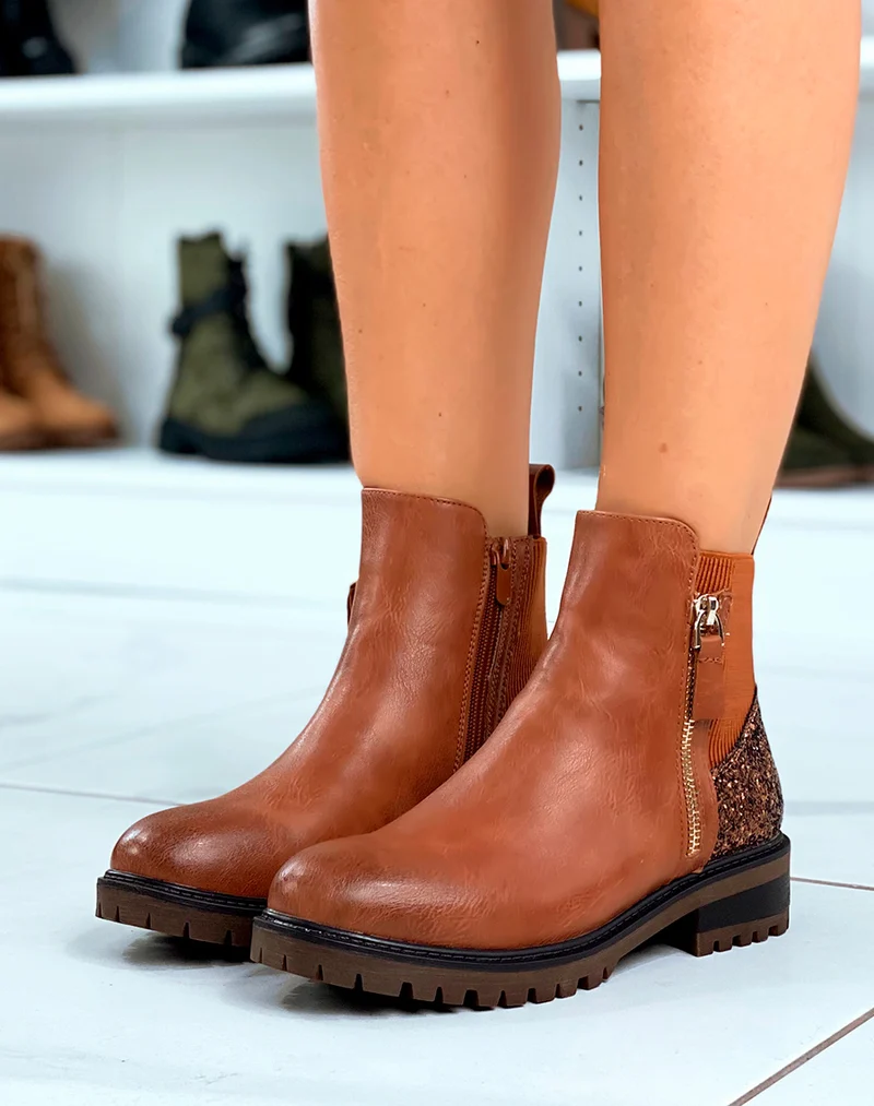 Bottines femme camel avec détail paillette