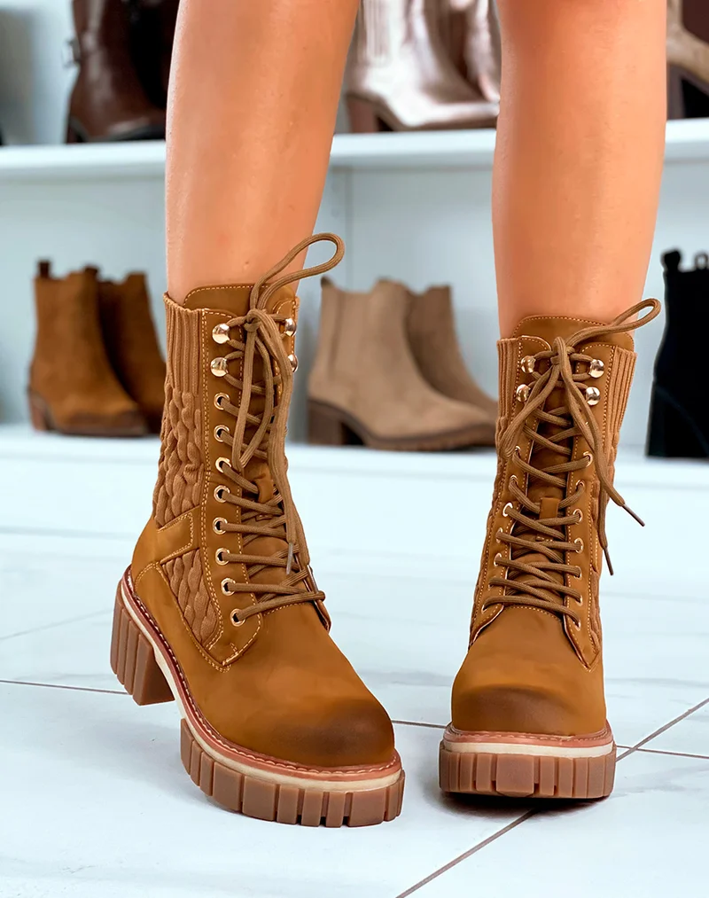 Bottines Camel Montantes à Lacets Effet Chaussette