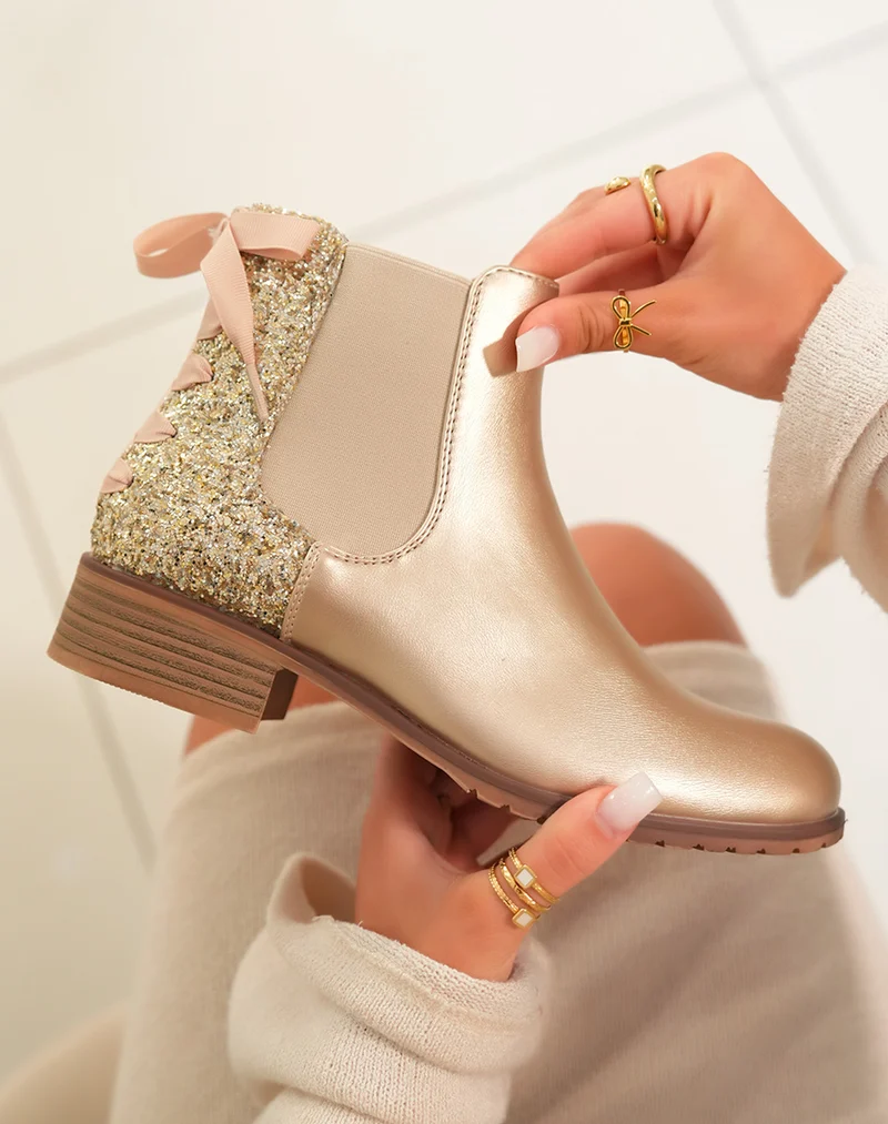 Bottines Femme Dorées Brillantes : Paillettes Nœud & Élasticité