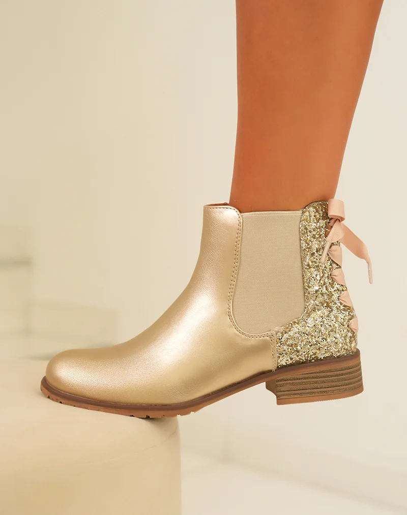 Bottines Femme Dorées Brillantes : Paillettes Nœud & Élasticité