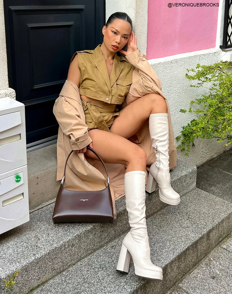Bottes beiges effet mat à talon épais