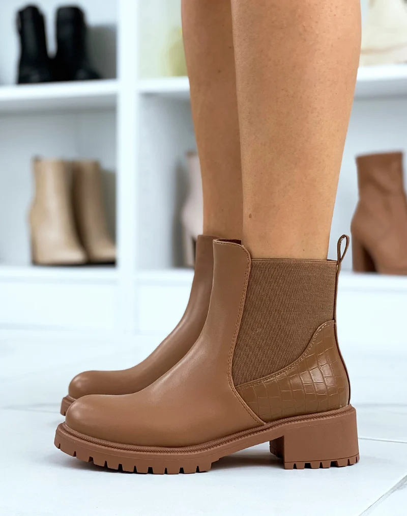 Bottines marron talonnée bi-matières