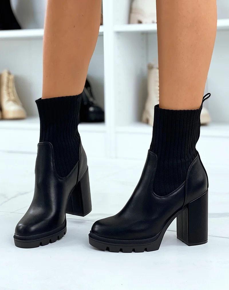 Bottines noires effet chaussette à talon
