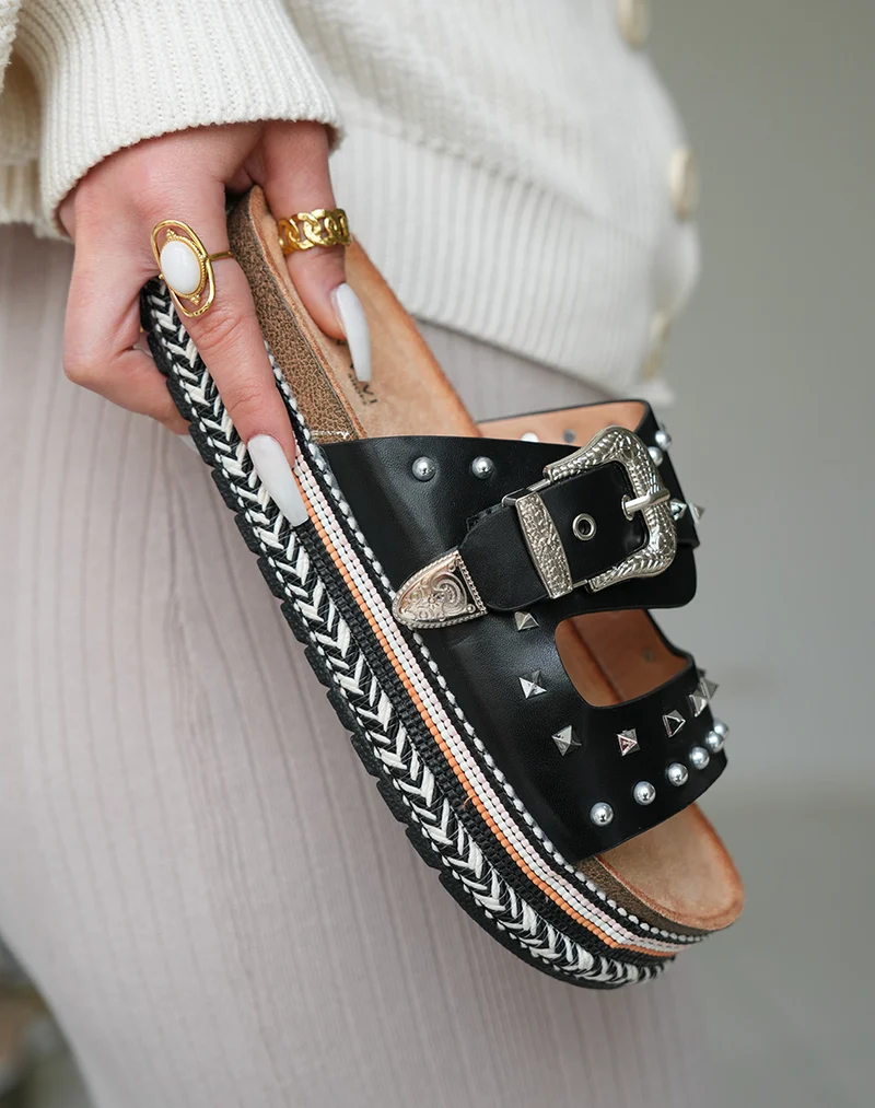 Mules Femme Noires Cloutées à Plateforme Tissée Noir et Blanc