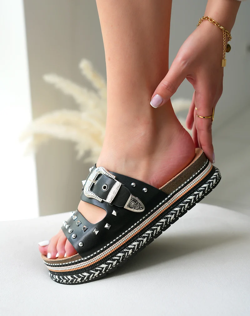 Mules Femme Noires Cloutées à Plateforme Tissée Noir et Blanc