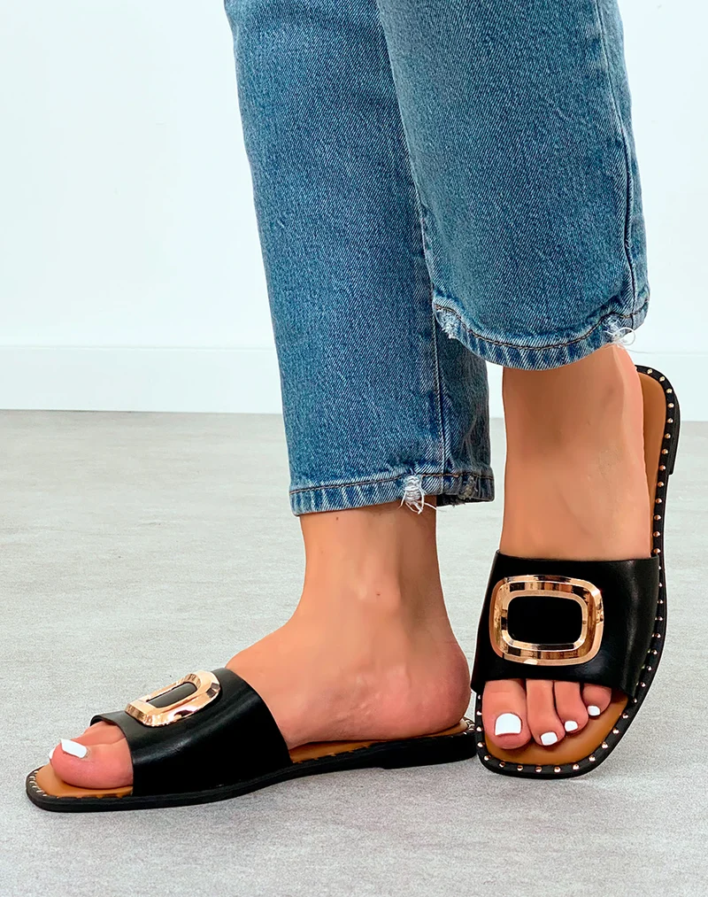 Mules femme noires éclat d'or avec semelle cloutée