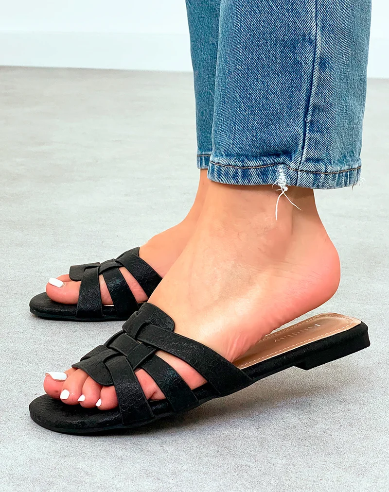 Sandales Mules Femme Noires à Brides Entrecroisées et Effet Croco