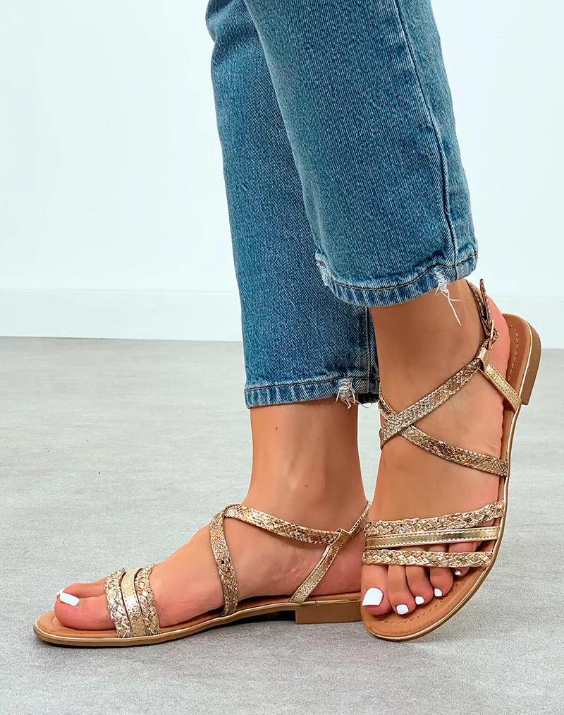 Nu-pieds Femme effet serpent à multiples brides à détail dorée et corde