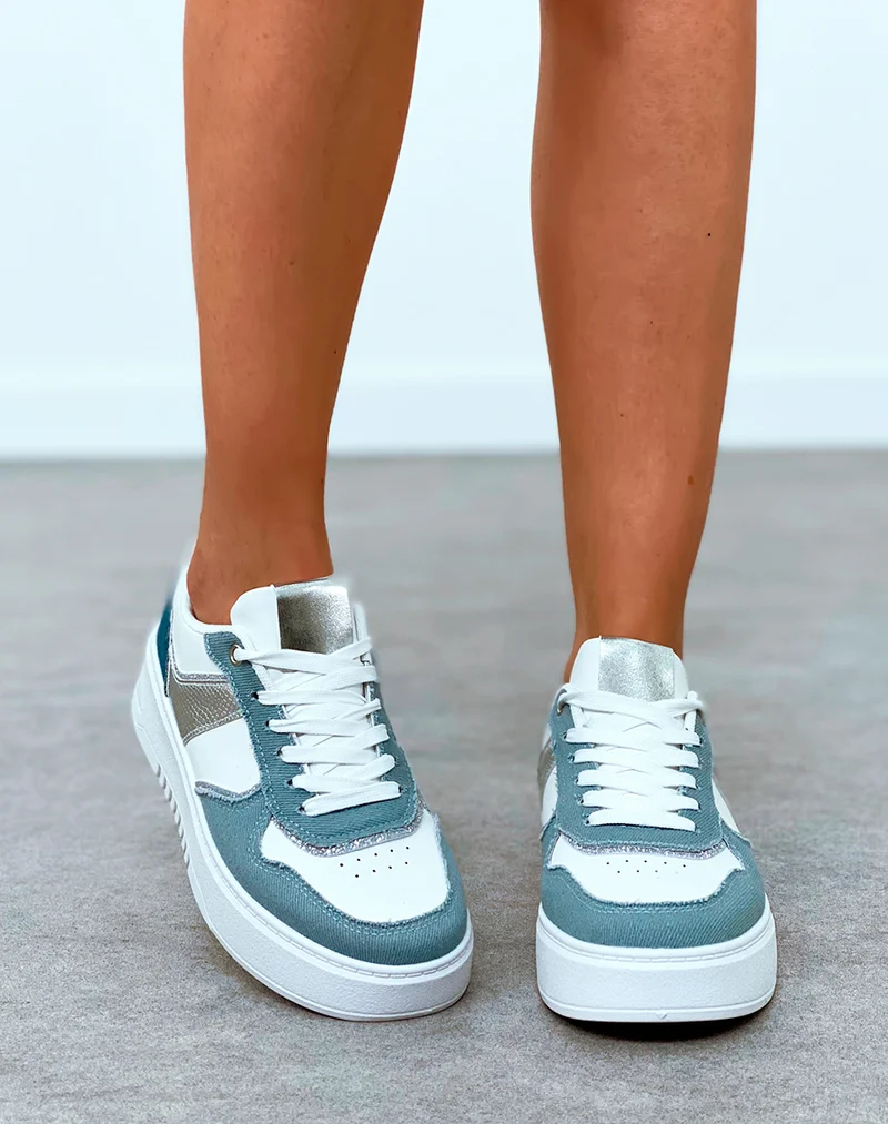 Baskets femme blanche à effet jean à empiècements et détail argenté