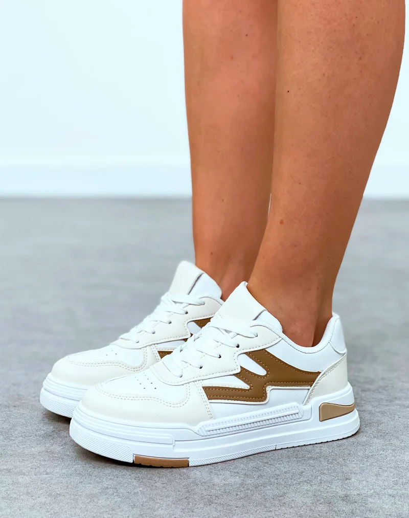 Baskets femme bi-couleurs beige foncé et blanche à lacets