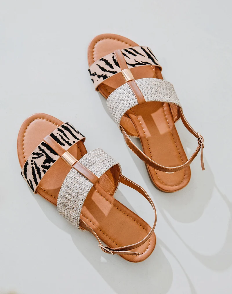 Nu-pieds à grosses lanières zèbres et toile de jute