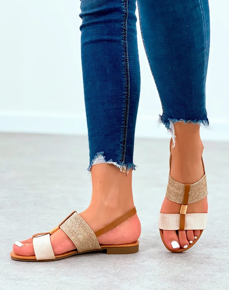 Nu-pieds à grosses lanières beige et toile de jute