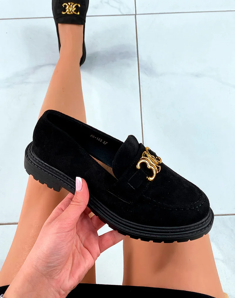 Mocassins noirs en suédine et à détail doré pour femme