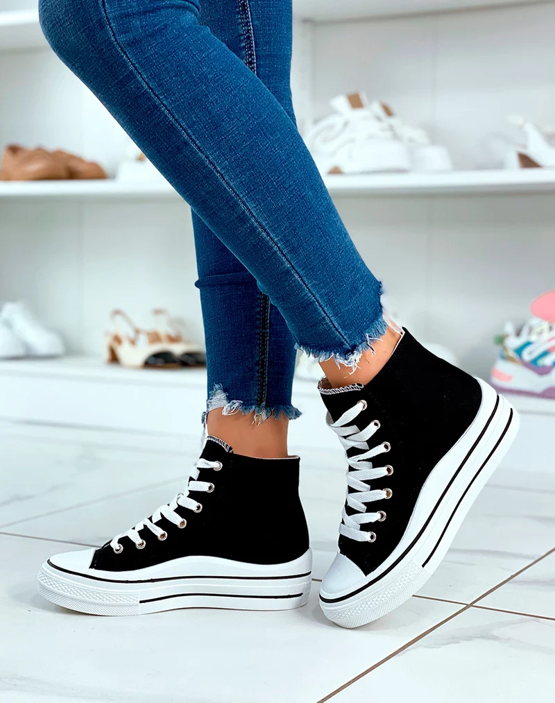 Baskets montantes noires à lacet avec plateforme pour femme