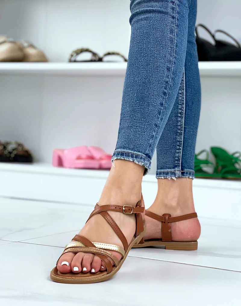 Nu-pieds camel à bride lisses satinées et pailletées