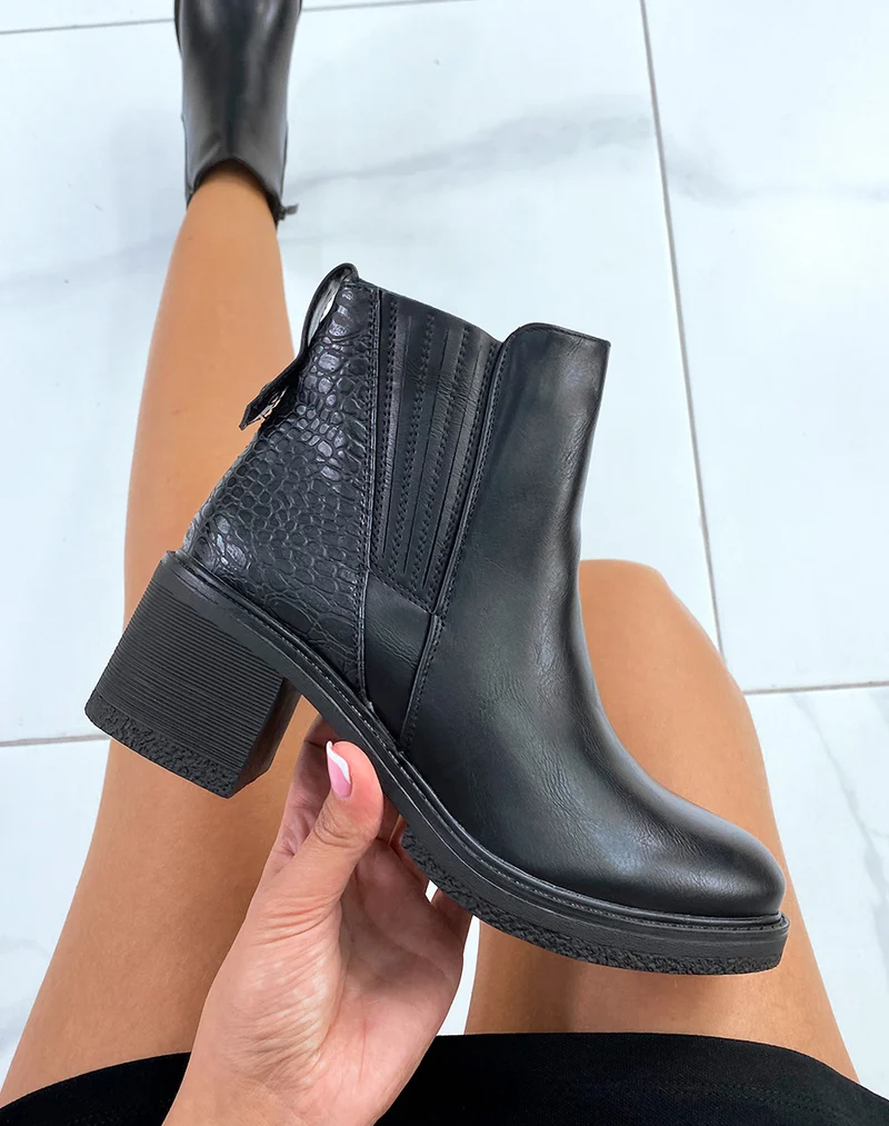 Bottines bi-matière noires effet croco à élastique séparé