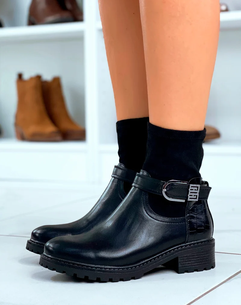 Bottines noires en multi-matière à détails argentés pour femmes