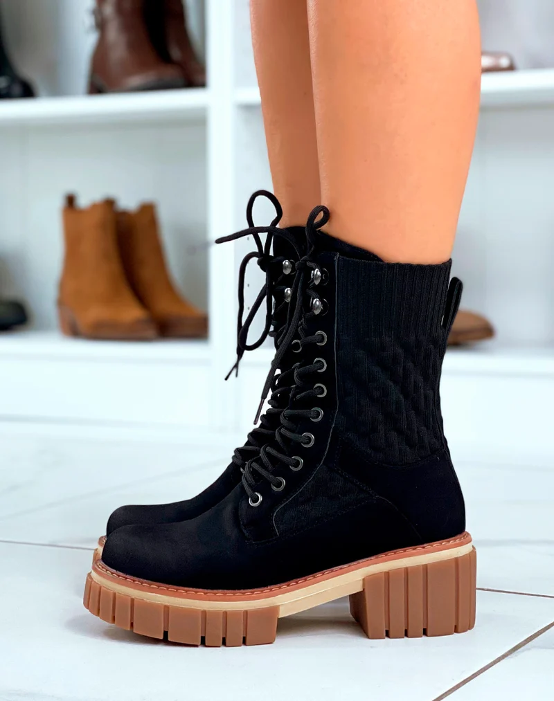 Bottines Noires Montantes à Lacets Effet Chaussette