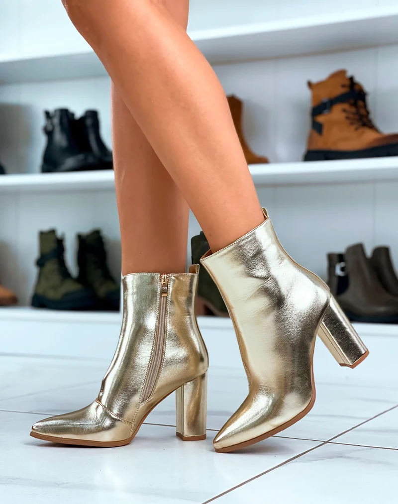 BOTTINES FEMME DORÉE À TALON À BOUT POINTU