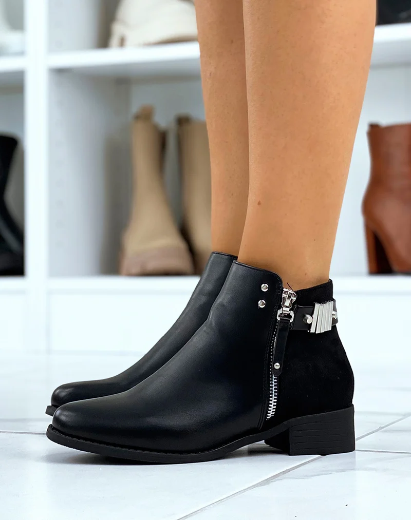 Bottines noires plates fermeture éclaire décorative