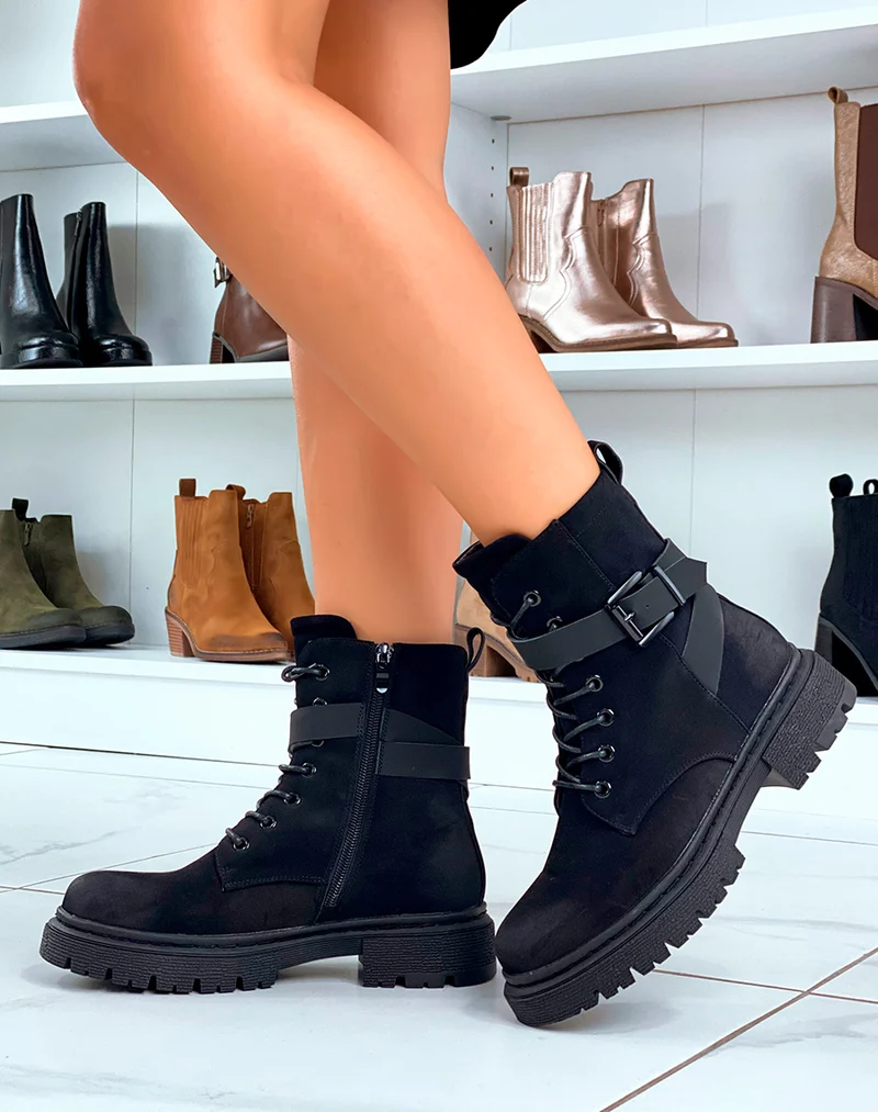 Bottines Noires à Lacet avec Brides Ajustables pour Femmes