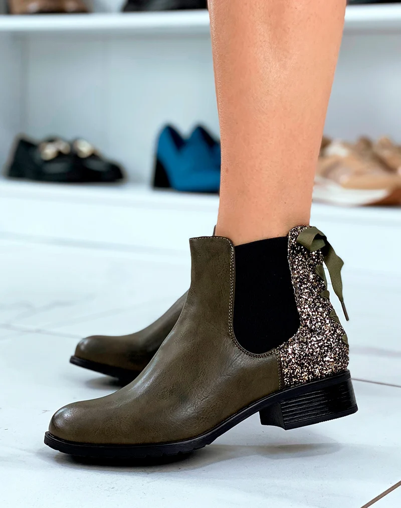 Bottines Femme Vert Kaki Pétillantes : Paillettes Nœud & Élasticité