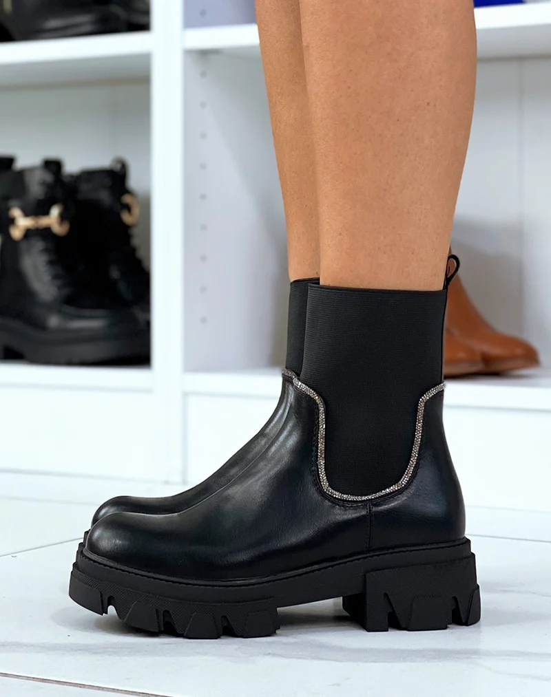 Bottines noires à élastique à couture à strass argentés
