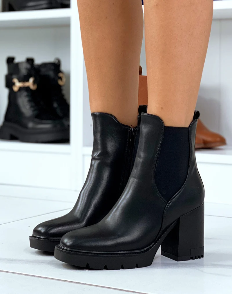 Bottines noires inspiration chelsea à haut talon épais