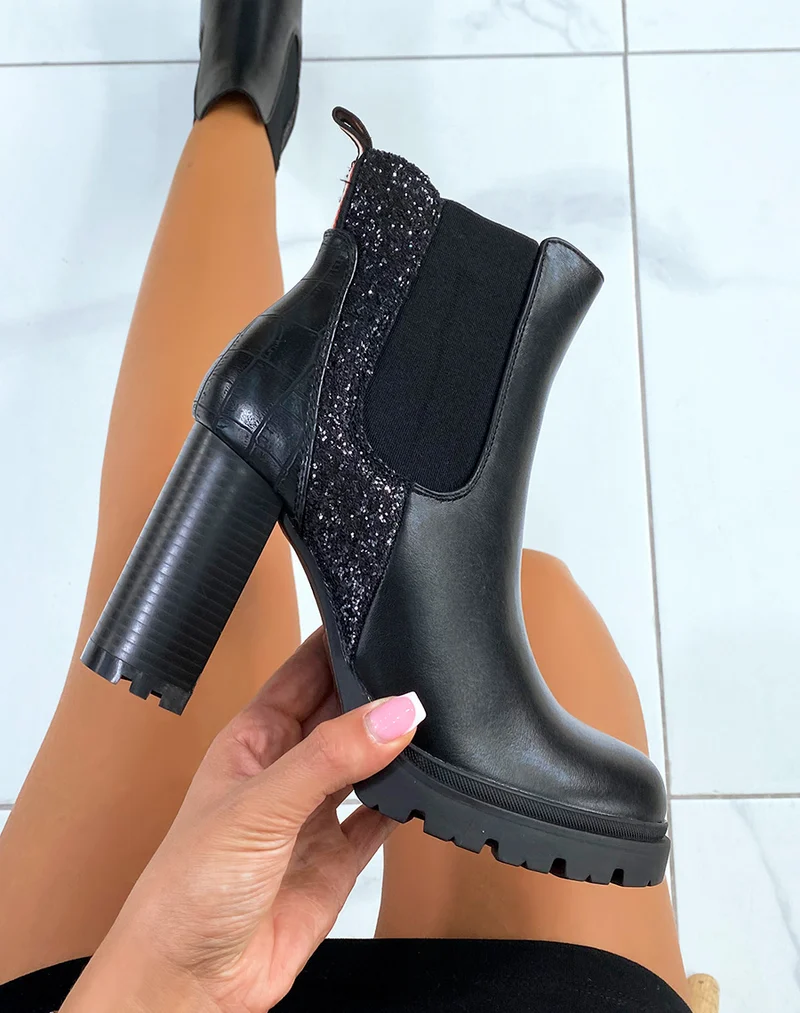 Bottines noires à talon et à multiples effets pailletés et croco