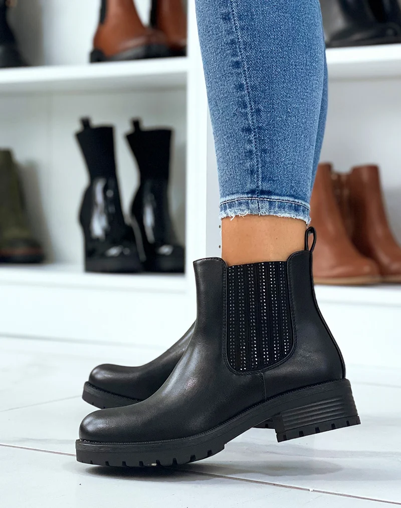 Chelsea boots noires à élastique à strass