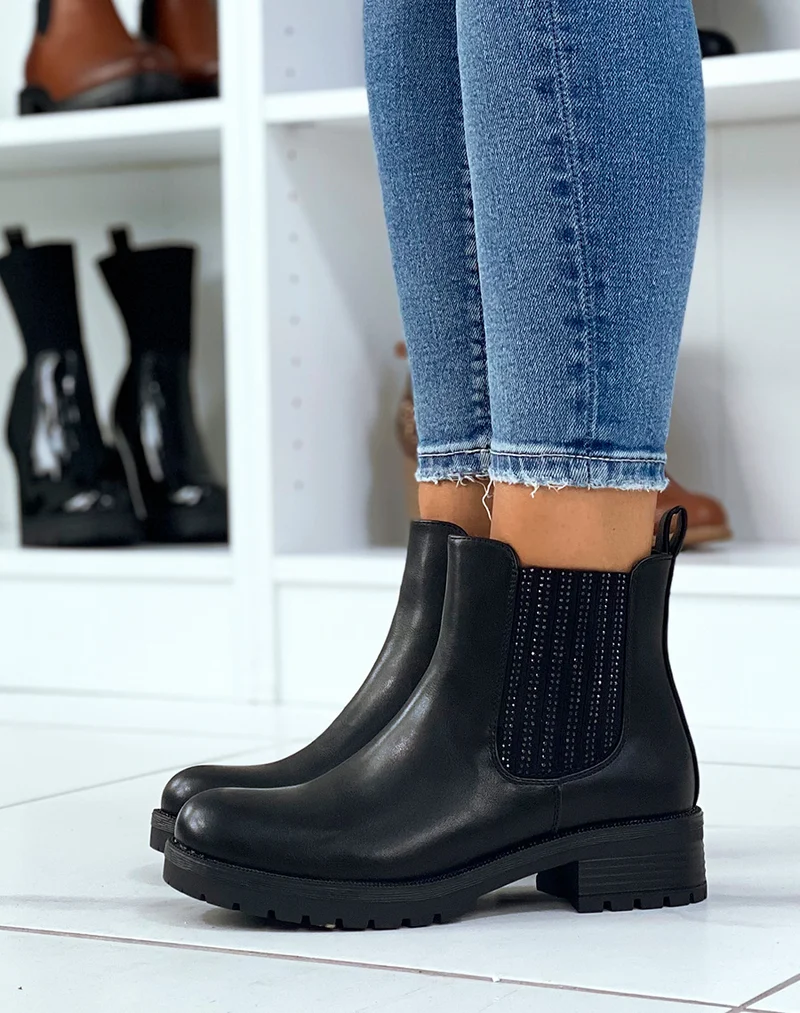 Chelsea boots noires à élastique à strass