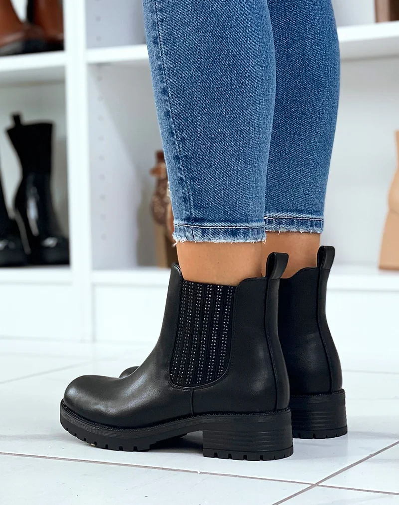 Chelsea boots noires à élastique à strass