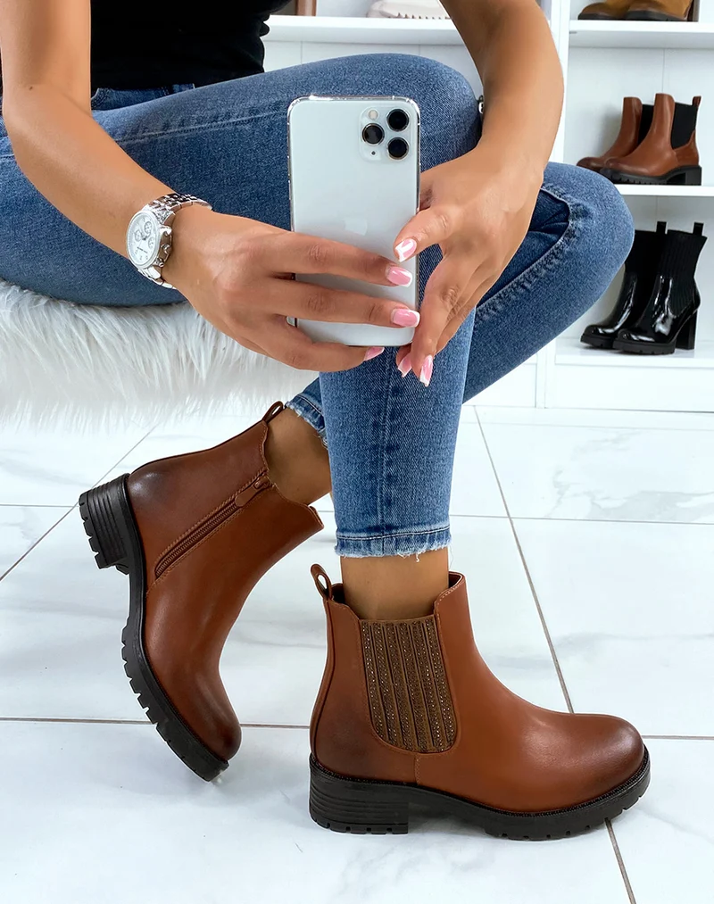 Chelsea boots camel à élastique à strass