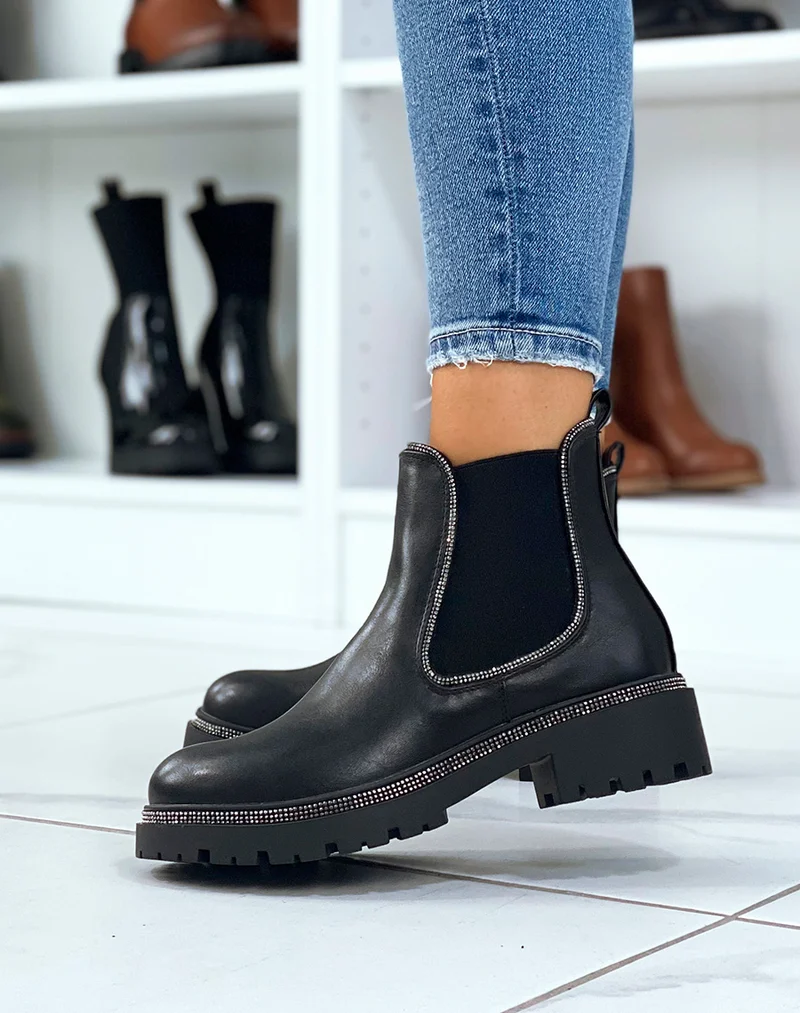 Chelsea boots noires à liserés à strass argentés