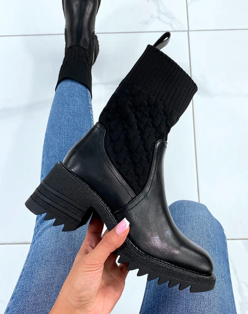 Bottines noires effet chaussette à talon épais à semelle crantée