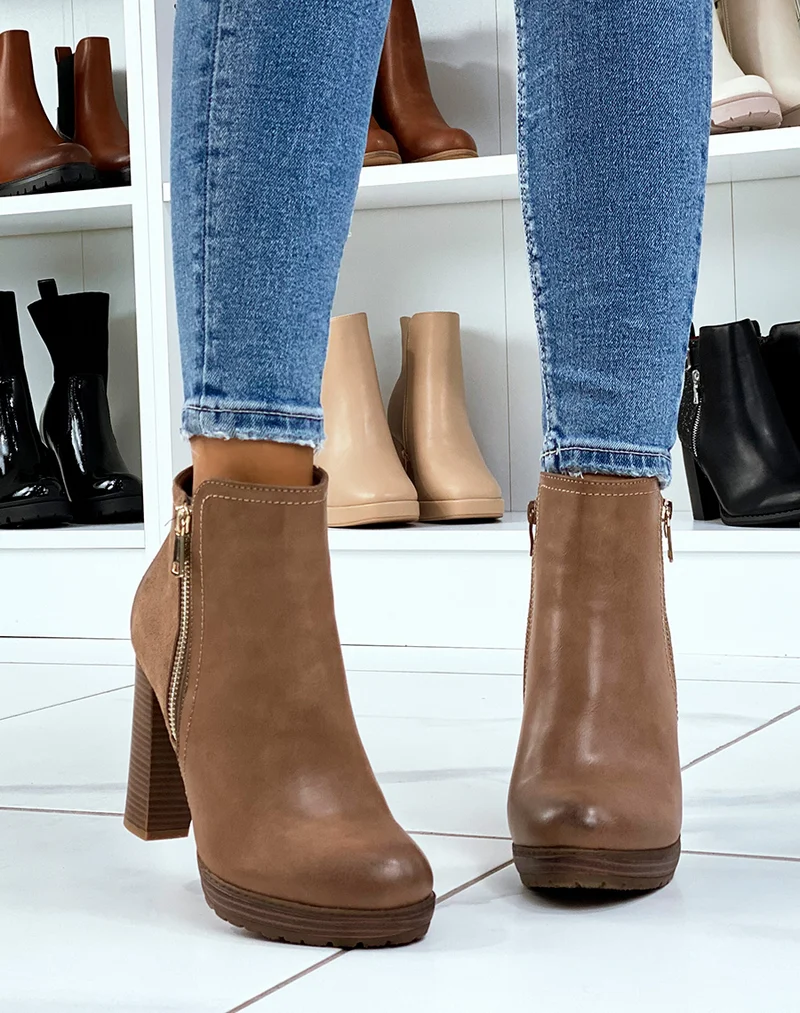 Bottines à talon taupe bi-matière