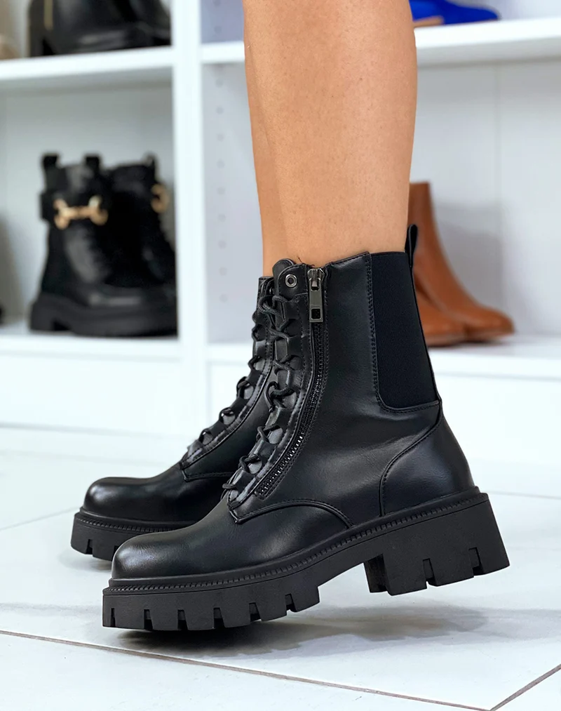 Bottines noires montantes à lacet et à zip