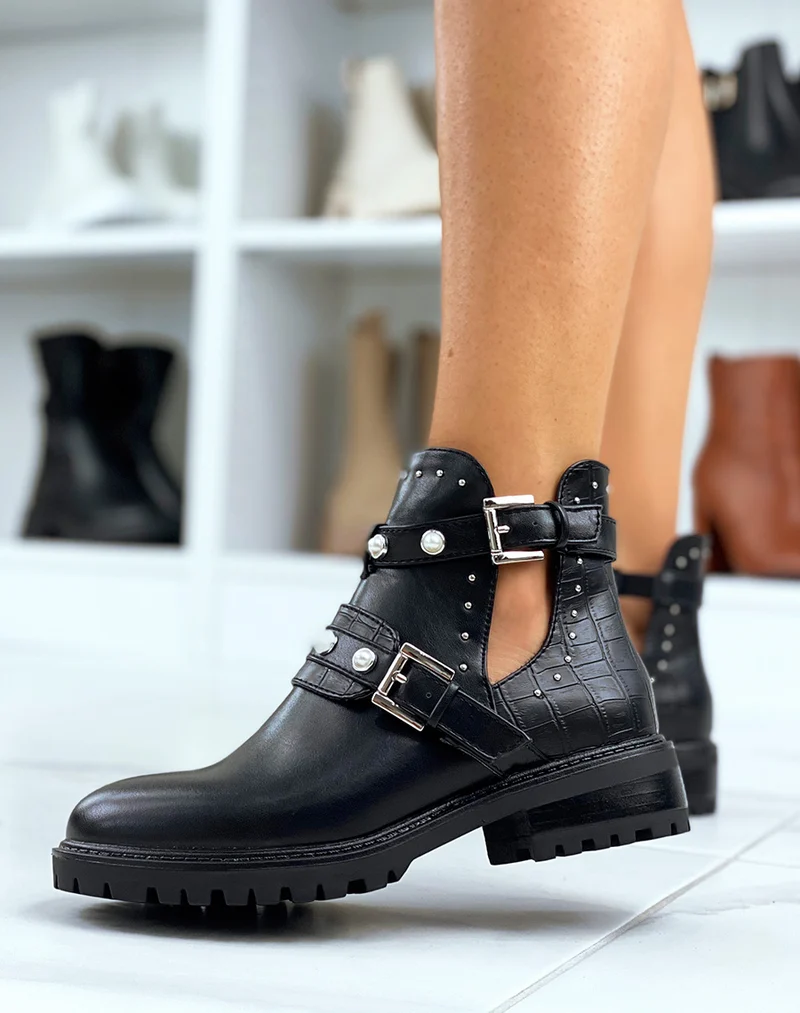 Bottines noires à empiècement effet croco et lanières perlées