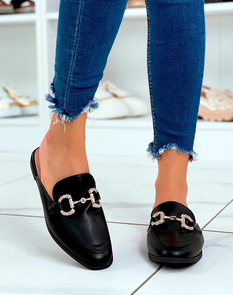Mules mocassins noires à détails strass
