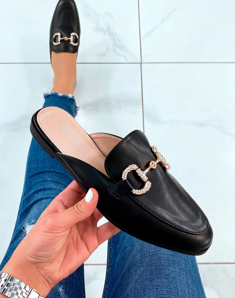 Mules mocassins noires à détails strass