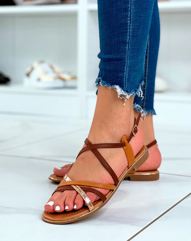 Nu-pieds camel à multiples fines lanières