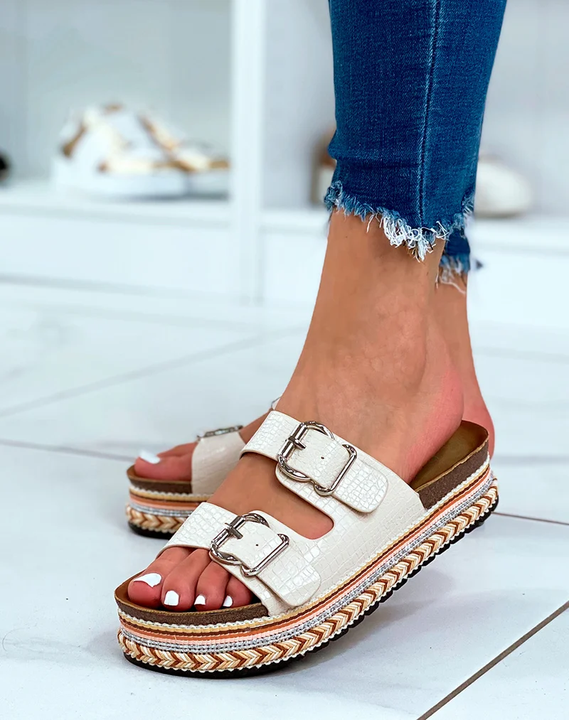 Mules à double lanières beige et grosse plateforme