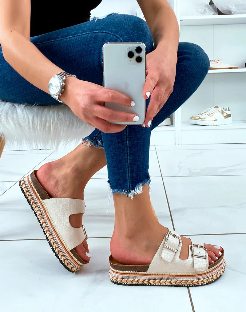 Mules à double lanières beige et grosse plateforme