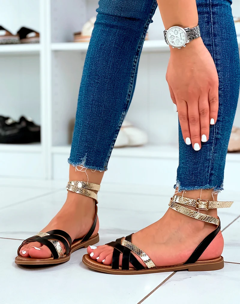 Nu-pieds noirs et dorés effet croco