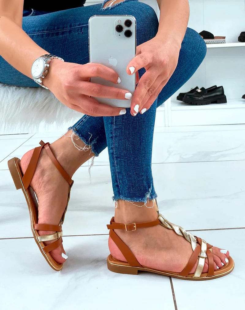 Nu-pieds camel à double brides torsadées