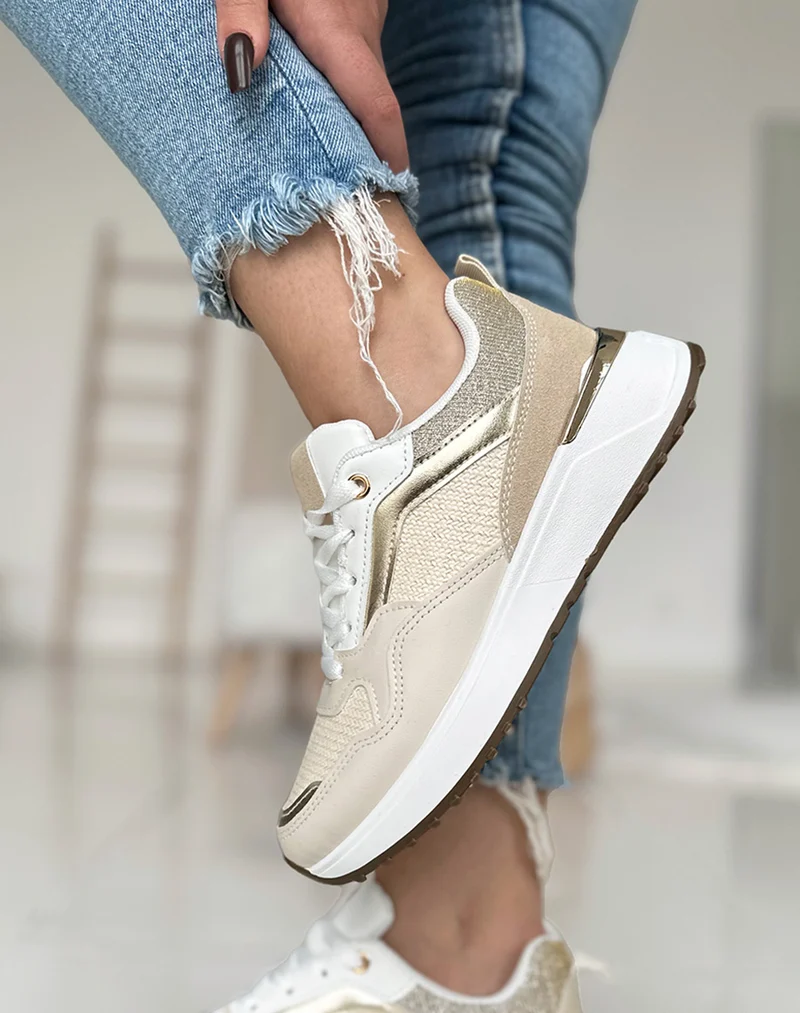 Baskets beiges à empiècements taupe et pailleté
