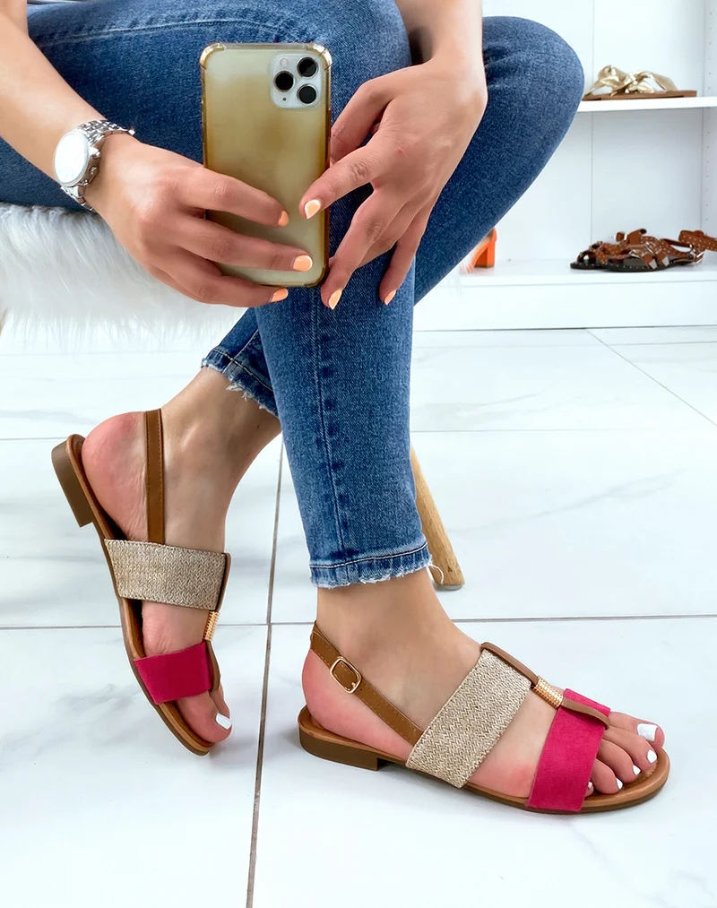 Nu-pieds à grosses lanières fushia et toile de jute